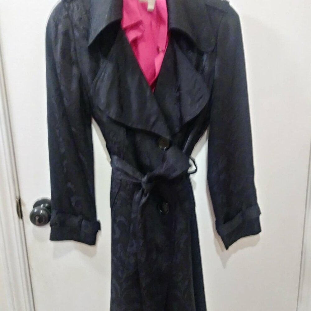 Cach'e, Alberto Makali Designer Black Trench Coat Botanical Pattern Belted Sz 2 - Picture 4 of 4